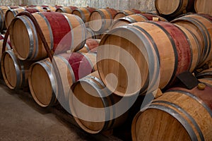 Wine bottles depository in underground cellar, Saint-Emilion wine making region picking, cru class Merlot or Cabernet Sauvignon