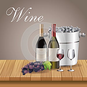 Wine bottles glass cups and ice bucket over wooden