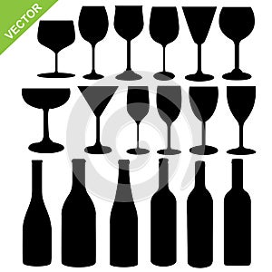 Wine bottles and glass silhouette vector