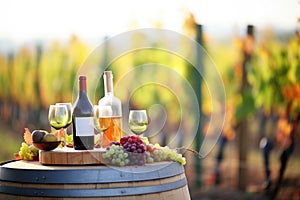 wine bottles and glasses on a barrel with vineyard rows behind