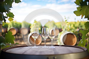 wine bottles and glasses on a barrel with vineyard rows behind