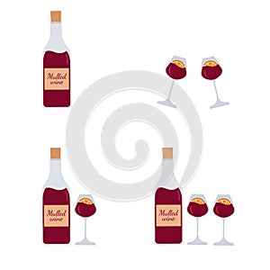 Wine bottles with glasses. A bottle of mulled wine or red wine with orange slices. Glasses filled with red wine or