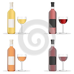 Wine bottles and glasses filled with different varieties of wine. Set of white, rose, and red wine bottles and glas. isolated on