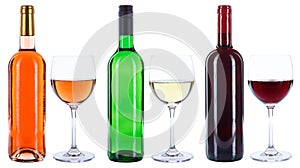 Wine bottles glasses red white rose isolated