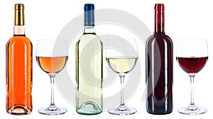 Wine bottles glasses wines red white rose isolated