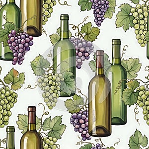 Wine bottles and grapes seamless pattern