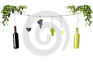 Wine bottles, grapes and wine glasses