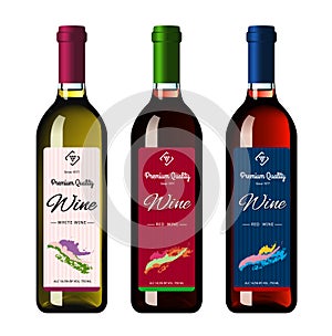 Wine bottles with labels, made in a realistic style on a white background. Three bottles.