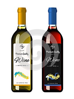 Wine bottles with labels, made in a realistic style on a white background. Three bottles.