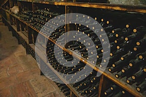 Wine bottles in a old warehouse. Wine storage