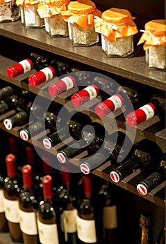 Wine bottles in a rack