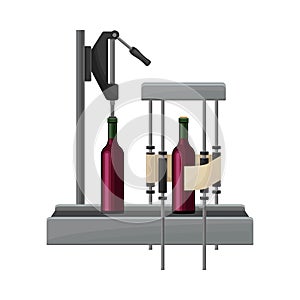 Wine Bottles Sealing or Capping with Cork and Label Sticking Process with Glass Containers Moving on Conveyor Belt photo