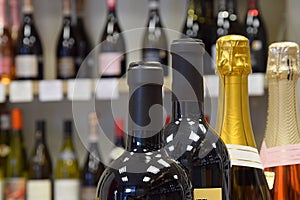 Wine bottles in the shop, cafe, restaurant. Wines for all tastes and celebrations.