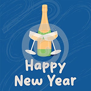 Wine bottles with two glasses on a blue background. New Year\'s card. Vector illustration