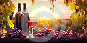 Wine Bottles And A Wine Glass With Grapes At Sunset On Wooden Table - Generative AI