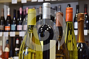 Wine bottles in wine store, restaurant, cafe, bar and ready for home delivery