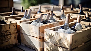 wine bottles in wood box. wine store, wine cellar.