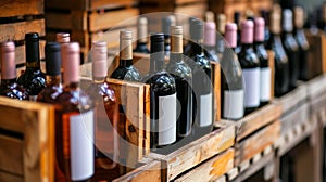 wine bottles in wood box. wine store, wine cellar.
