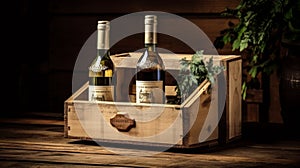 wine bottles in wood box. wine store, wine cellar.