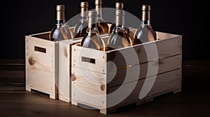 wine bottles in wood box. wine store, wine cellar.