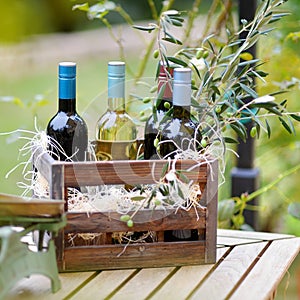 Wine bottles in a wooden crate