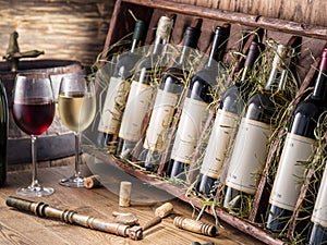 Wine bottles on the wooden shelf.