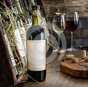 Wine bottles on the wooden shelf.