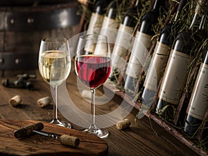 Wine bottles on the wooden shelf.