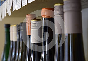 Wine bottles on wooden shelf in wine store