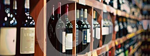 Wine bottles on wooden shelf in wine store.