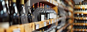 Wine bottles on wooden shelf in wine store.