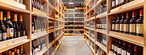 Wine bottles on wooden shelves in big wine store or supermarket.