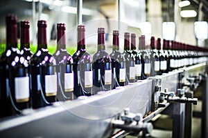 a wine bottling production line on a conveyor belt