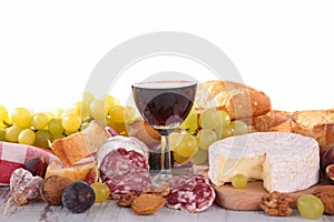 Wine,bread,cheese and grape