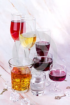 Wine card. Goblets with red and white whine, vodka and cognac