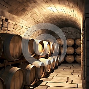 Wine casks at the winery. Excellent red wine bottles, wineglass, barrels
