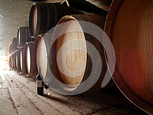 Bottle of wine on cellar floor photo