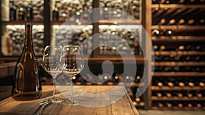 The wine cellar also doubles as a display space for a variety of elegant wine glasses and decanters. 2d flat cartoon photo