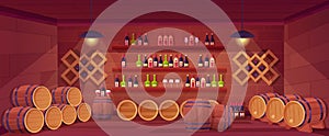 Wine cellar background with wooden barrels and bottles on shelves. Winegard products, alcohol drinks shop. Cartoon vault