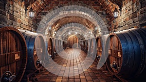 The wine cellar with barrels.AI generated image