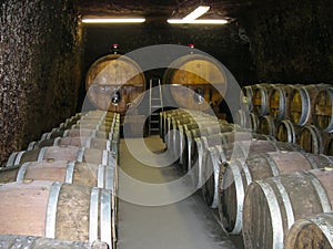 Wine cellar with barrels of wine from a French winemaker. Aging of wine in oak barrels
