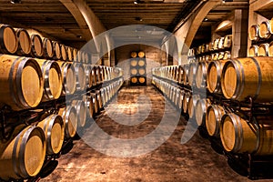 Wine cellar. Wine barrels in a winery in Spain