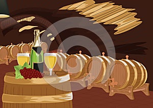 Wine cellar with bottle of champagne, two glasses and grapes on wooden barrel