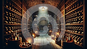 Wine Cellar with Bottles and Barrels