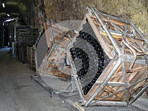 Wine cellar with bottles of wine from a French winemaker