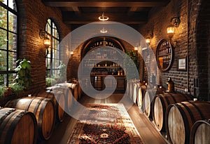 Wine cellar with brick walls arched windows wooden barrels and carpet. 3d rendering