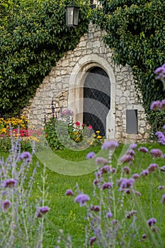 Wine cellar built from stones with violet flowers on foreground in Wawel Castle Krakow, Poland. Blooming in flower bed