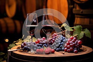 Wine Cellar Elegance Red Wine Glasses, Bottle, Grapes, and Wooden Barrel in Panoramic View with Ample Copy Space. created with