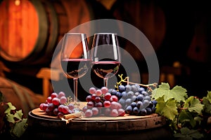 Wine Cellar Elegance Red Wine Glasses, Bottle, Grapes, and Wooden Barrel in Panoramic View with Ample Copy Space. created with