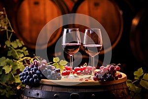 Wine Cellar Elegance Red Wine Glasses, Bottle, Grapes, and Wooden Barrel in Panoramic View with Ample Copy Space. created with